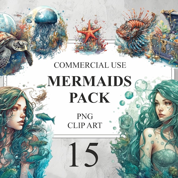 Watercolour Mermaids Clipart Pack, 15 Watercolor Sea Creatures PNG Digital Clip art, Fantasy Mystical Clipart Bundle, Commercial Use 300 DPI