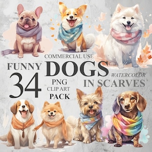 34 匹の面白いスカーフを巻いた犬のクリップアート 水彩画 秋のかわいい犬の PNG デジタル クリップアート、犬の昇華デザイン、スカーフを巻いた動物のクリップアート バンドル