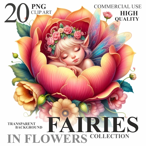 20 Watercolor Fairy in Flowers Pack, Cute Floral Little Elf Girl PNG Clip art, Spring Pixie Fantasy Fairytale Clipart Bundle Commercial Use