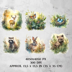 Puede incluir: Seis ilustraciones de acuarela de animales del bosque, incluyendo un ciervo, un mapache, un conejo, un zorro, mariposas y un nido de p&aacute;jaro con huevos azules. Las ilustraciones est&aacute;n sobre un fondo gris claro.