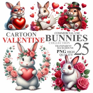 25 Watercolor Valentine Bunnies Pack, February 14th Cute Rabbits Clip ...