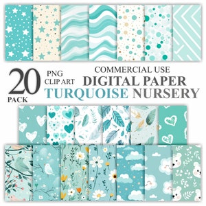 Pacchetto di 20 carte digitali turchesi per la cameretta dei bambini, album di ritagli con motivo senza cuciture a forma di orsetto, sfondo stampabile per baby shower color verde acqua, uso commerciale