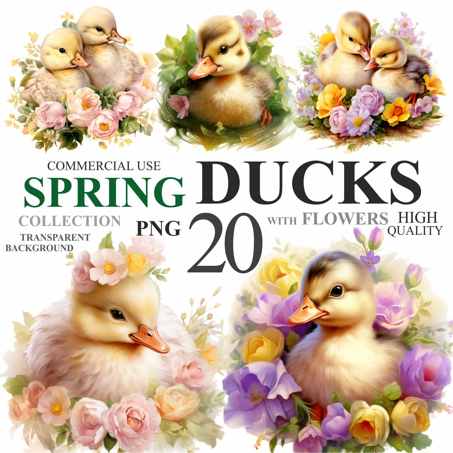 Spring Duck Background 20 Spring Ducks With Flowers Pack, Watercolor Cute Animals PNG Art ...