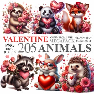 Paquete de 205 animales de San Valentín, imágenes prediseñadas de amor del 14 de febrero, imágenes prediseñadas románticas, PNG de alta calidad, uso comercial, 300 DPI