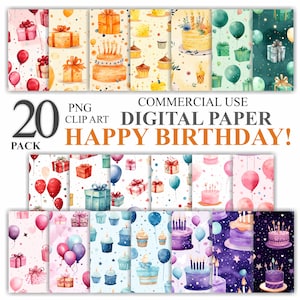 20 pacote de papel digital de feliz aniversário, álbum de recortes festivo sem costura, fundo de berçário para festa infantil imprimível, uso comercial