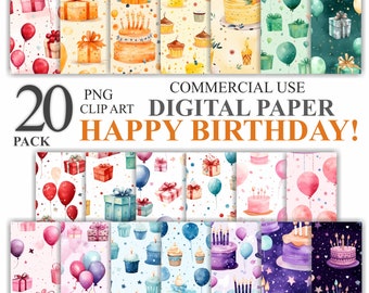 May include: A collection of 20 PNG clip art digital papers with a watercolor theme. The designs feature birthday cakes, gifts, balloons, and cupcakes in shades of red, orange, blue, green, and purple. The words "HAPPY BIRTHDAY!" are displayed.