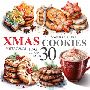 30 Christmas Cookies Winter Clipart, Watercolor Xmas Gingerbread Cookie PNG Digital Clip Art Bundle, Holiday Baking Illustrations 300 DPI
