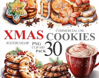 30枚のクリスマスクッキー冬クリップアート、水彩クリスマスジンジャーブレッドクッキーPNGデジタルクリップアートバンドル、ホリデーベーキングイラスト300 DPI