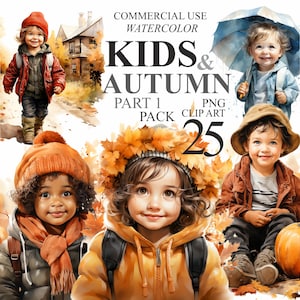 25 acuarelas para niños y otoño, clipart, parte 1, paquete de imágenes prediseñadas digitales para niños felices, ilustración transparente PNG, actividades de otoño, diversión para niños