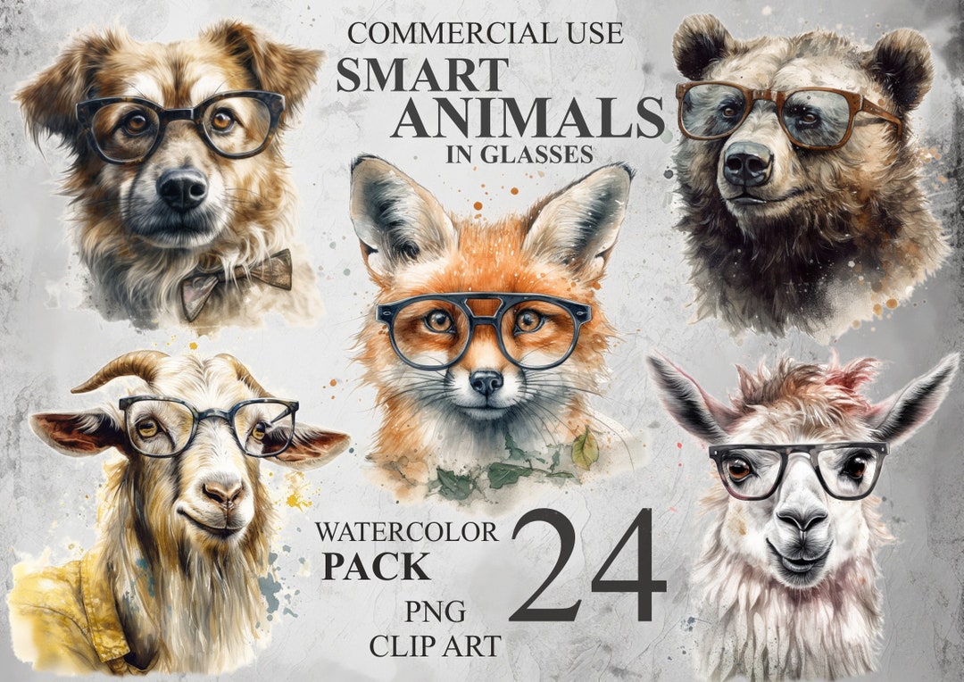 24 Cute Animals in Glasses Clip Art, Watercolor Smart Animals Wearing ...