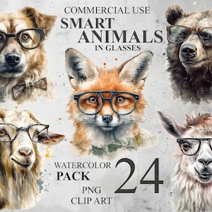 24 Cute Animals in Glasses Clip art, Watercolor Smart Animals wearing glasses illustration, Pets PNG Clipart Bundle, Nursery Digital Paper