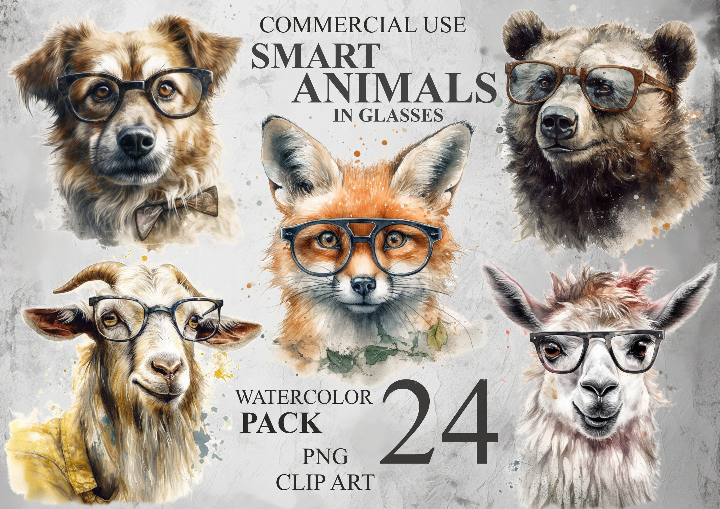 24 Cute Animals in Glasses Clip Art, Watercolor Smart Animals Wearing ...