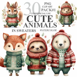 セーターを着たかわいい冬の動物 30 体 パート 1 パック、帽子をかぶった水彩画の動物 PNG アート、秋のペット クリップアート バンドル、商用利用 300 DPI