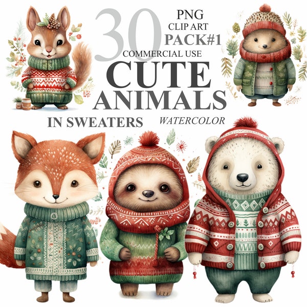 30 schattige winterdieren in truien deel 1 verpakking, aquarel dieren met hoeden png-kunst, herfst huisdier clipartbundel, commercieel gebruik 300 dpi