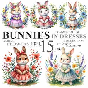15 süße Häschen in Kleidern, Aquarell Frühlingshasen mit Blumen PNG Clip Art, Florale Kinderzimmerdekoration Wandkunst, kommerzielle Nutzung 300 DPI