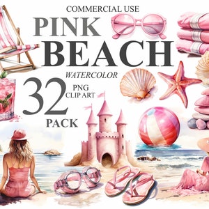 May include: A watercolor illustration set of 32 pink beach themed clipart images. The set includes a pink beach chair, a pink cocktail, a pink beach ball, a pink sandcastle, a pink seashell, a pink starfish, a pink towel, a pink beach hat, a pink swimsuit, and a pair of pink flip flops.