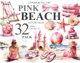 32 imágenes prediseñadas de playa rosa, imágenes prediseñadas digitales PNG de vacaciones de verano en acuarela, paquete de imágenes prediseñadas de viajes al océano, ilustraciones de vacaciones de verano, 300 DPI