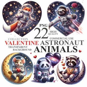 22 Valentine Astronauts Animals Pack, 14. Februar Weltraum Romanze Clipart Bundle, Valentinstag hochwertige Kunst PNG, kommerzielle Nutzung 300 DPI
