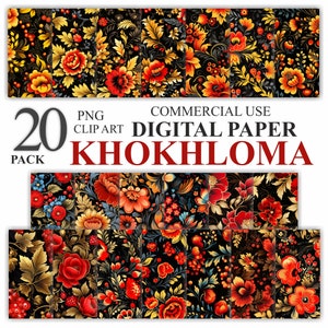 20 Khokhloma Traditional Digital Paper Pack, Folklore Art Painting Seamless Pattern Scrapbook, Golden Hohloma Printable Backgrounds 300 DPI