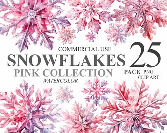 25 Pink Snowflakes Collection Winter Clipart, Christmas Watercolor PNG Digital Clip Art Bundle, Holiday Sublimation Illustrations 300 DPI