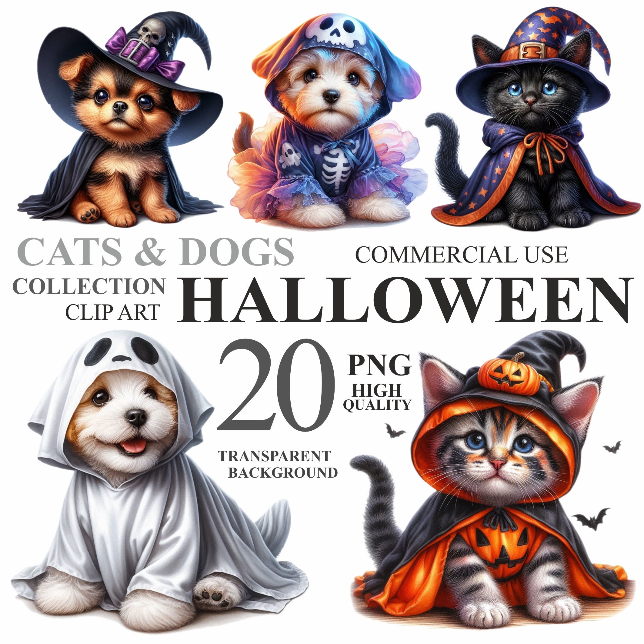 20 Halloween Cats and Dogs Pack Watercolor Cute Animals PNG Art ...