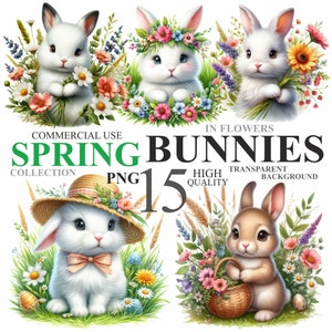 15 Watercolor Spring Bunny Pack, Cute Easter Rabbit with Flowers PNG Clip art, Floral Bunnies Clipart Bundle, Commercial Use 300 DPI