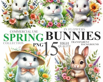 15 akvarell vårkaniner, söt påskkanin med blommor PNG-clip art, blommiga kaniner clipart-paket, kommersiellt bruk 300 DPI