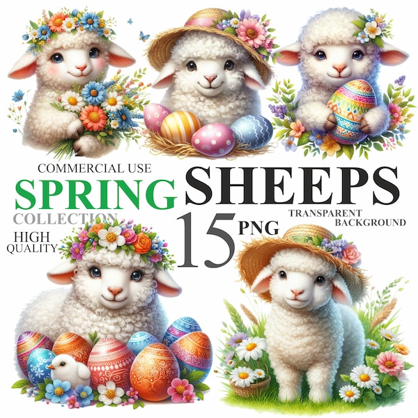 15 Watercolor Spring Sheep Pack, Cute Easter Lamb with Flowers PNG Clip art, Floral Baby Animal Clipart Bundle, Commercial Use 300 DPI