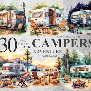 30 imágenes prediseñadas de campistas de aventura, acuarela linda caravana PNG clip art digital, paquete de imágenes prediseñadas de vacaciones, ilustraciones de viajes de camping, 300 DPI