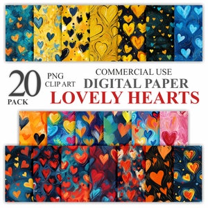 20 schöne Herzen Digitales Papier Bundle Pack, Valentinstag Musterdesign Scrapbook, Kunst druckbarer romantischer Hintergrund, kommerzielle Nutzung
