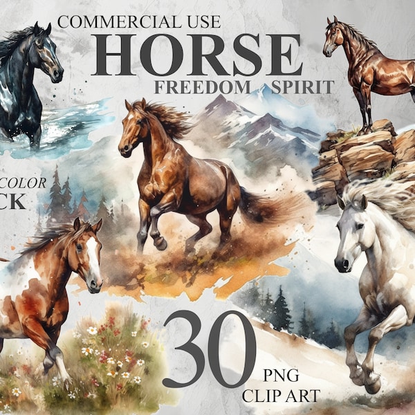 30 Horses Freedom Spirit Clipart, Watercolor Wild Horse PNG Digital Clip art, Horse Sublimation Designs, Transparent Animal Clipart Bundle