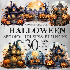 30 Spooky Houses and Pumpkins Halloween Clipart, Haunted House PNG Digital Clip Art, Witch Creepy Clipart Bundle Illustrations, 300 DPI