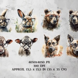 24 Cute Animals in Glasses Clip Art, Watercolor Smart Animals Wearing ...