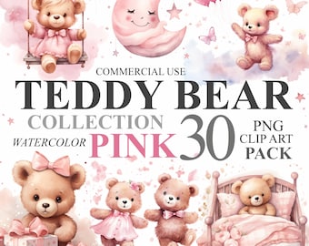May include: A collection of 30 watercolor illustrations of pink teddy bears in various poses. The bears are holding balloons, gifts, and stars. The illustrations are perfect for creating cards, invitations, and other crafts.