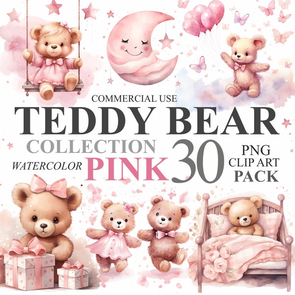 30 Watercolor Teddy Bear Collection Pink Clipart, Girl Baby Shower Bundle Digital Clip Art, Newborn Nursery PNG Transparent Illustrations