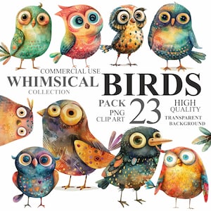 23 imágenes prediseñadas de pájaros caprichosos, imágenes prediseñadas digitales PNG con divertidos gráficos de acuarela, imágenes prediseñadas de pájaros peculiares, álbum de recortes de diario basura de aves tropicales