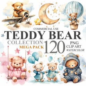 120 Megapack Teddy Bear Collection Clipart, Watercolor Baby Shower Bundle Digital Clip Art, Newborn Nursery Sublimation PNG 300 DPI