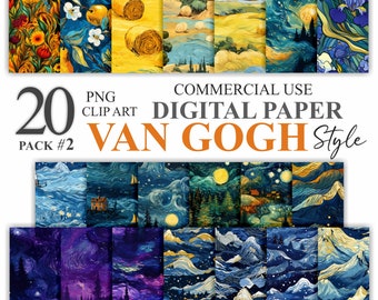 20 Van Gogh Style Digital Paper Pack, Galaxy Starry Night Painting Seamless Pattern Scrapbook, Art Printable Backgrounds Sublimation 300 DPI