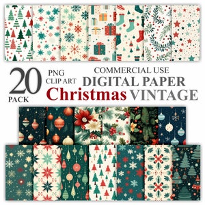 May include: 20 digital paper designs in a vintage Christmas theme. The designs feature various Christmas elements such as snowflakes, ornaments, trees, and wreaths. The papers are perfect for crafting, scrapbooking, and other creative projects.