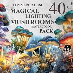 40 cogumelos mágicos em aquarela, clipart digital PNG de cogumelo com iluminação mística, pacote de clipart de fantasia em aquarela, uso comercial 300 DPI