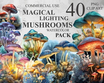 40 Watercolor Magical Mushrooms, Mystical Lighting Mushroom PNG Digital Clip art, Watercolour Fantasy Clipart Bundle, Commercial Use 300 DPI
