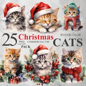 25 imágenes prediseñadas de gatos navideños, imágenes prediseñadas digitales PNG de lindos gatitos en acuarela, calendario de adviento navideño en acuarela, paquete de imágenes prediseñadas PNG transparentes