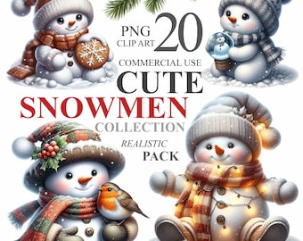Paquete de 20 muñecos de nieve navideños adorables, arte PNG realista de muñecos de nieve festivos, ilustraciones navideñas imprimibles para calendario de adviento, uso comercial 300 DPI