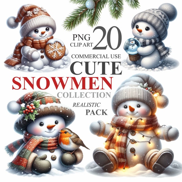 20 Christmas Cute Snowmen Pack, Realistic Festive Snowman PNG art, Xmas Illustrations Ptintable Advent Calendar, Commercial Use 300 DPI