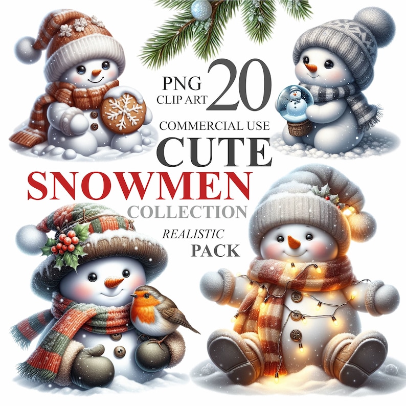 Pu&ograve; includere: Un set di 20 illustrazioni realiste di pupazzi di neve carini. I pupazzi di neve indossano cappelli, sciarpe e altri accessori invernali. Alcuni pupazzi di neve tengono biscotti di pan di zenzero, palle di neve e un pettirosso.