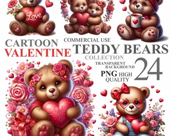 24 aquarel liefde teddyberen Pack, 14 februari schattige dieren illustraties, romantische clipartbundel, Valentijnsdag hoge kwaliteit png 300 DPI