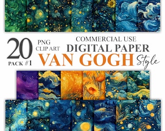 20 Van Gogh Style Digital Paper Pack, Galaxy Starry Night Painting Seamless Pattern Scrapbook, Art Printable Backgrounds Sublimation 300 DPI