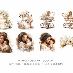 Op de afbeelding: Een digitale collage van aquarel illustraties met een witte bruidstaart met bloemmotieven, een witte kinderwagen met bloemmotieven, een moeder en kind die elkaar omarmen en een bloemenkrans. De illustraties zijn in een zachte, gedempte kleurenpalet.