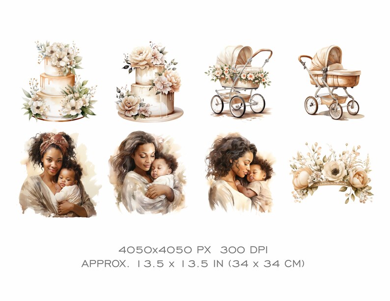 Op de afbeelding: Een digitale collage van aquarel illustraties met een witte bruidstaart met bloemmotieven, een witte kinderwagen met bloemmotieven, een moeder en kind die elkaar omarmen en een bloemenkrans. De illustraties zijn in een zachte, gedempte kleurenpalet.