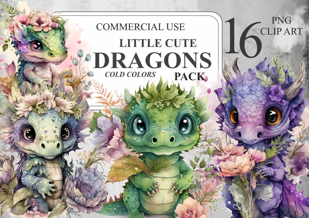 Watercolor Little Cute Dragons Pack, 16 Watercolour Baby Dragons PNG ...